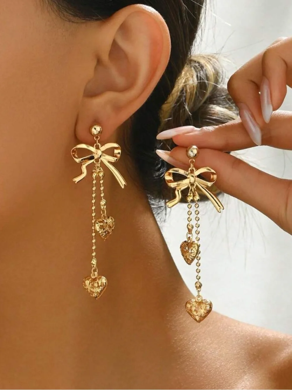 Gold Bow & Heart Drop Earrings - Women Jewelry